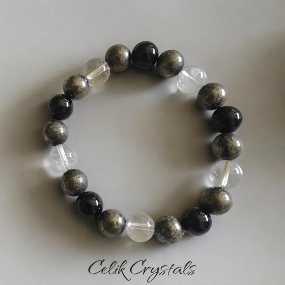 Pyrite Clear Quartz and Onyx Bracelet Natural Stones 10mm Unisex - Picture 4 of 6